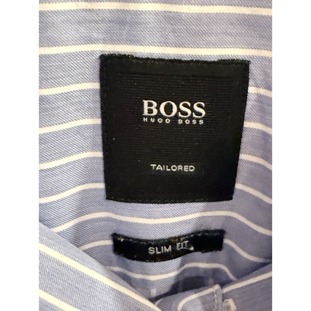 Hugo Boss Dress Shirt Mens 16‎ Blue White Striped Tailored Slim Fit Long Sleeve - Picture 2 of 5